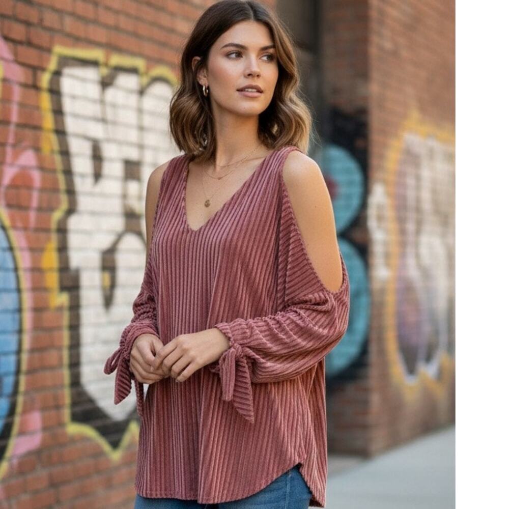 NWT Entro ribbed velour/sheer open shoulder blouse